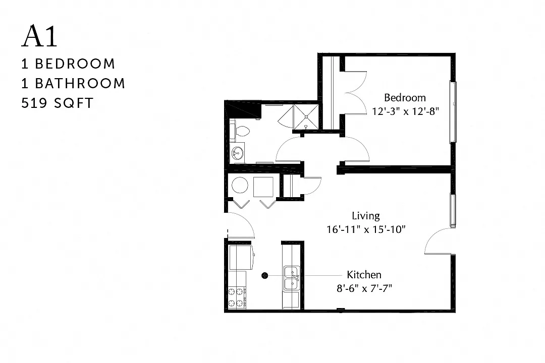 Floor plan A1r One Bedroom Renovated