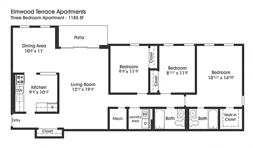 Floor plan 3BR 2BA (1185sf)