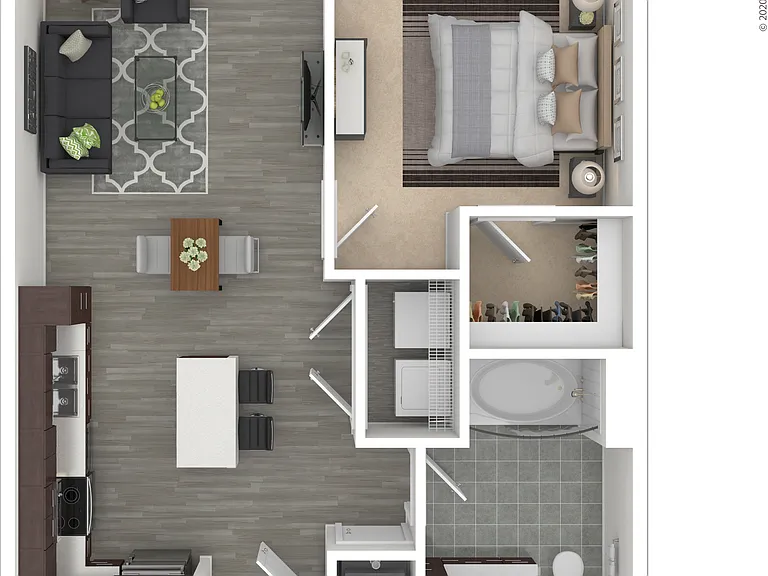 Spacious two bedroom apartment with a kitchen island and washer/dryer included