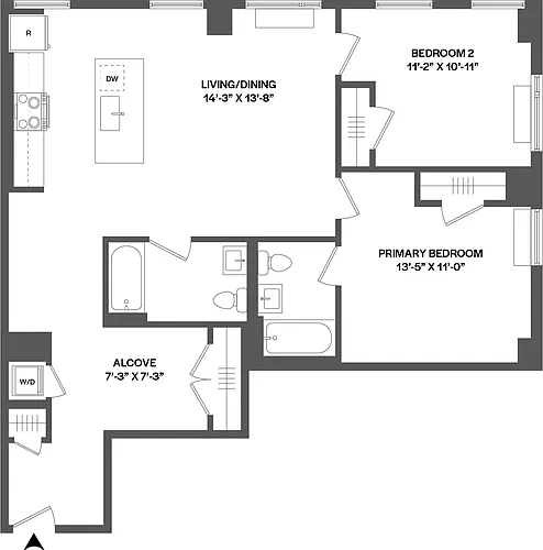 Floor plan 2 Bed/2 Bath Den-2BLW-1