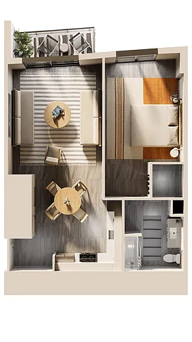 Floor plan East 1 BR Balcony Bay View A