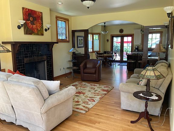 Living room with wood fireplace