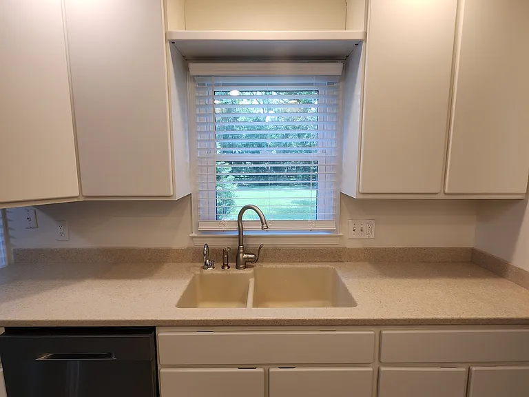 Sink and dishwasher, window to back yard