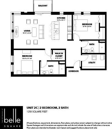 Belle Square Unit 2C floor plan featuring 2 bedrooms, 2 bathrooms, an open living area, modern kitchen, and a balcony in 1250 square feet. Belle Square Unit 2C floor plan featuring 2 bedrooms, 2 bathrooms, an open living area, modern kitchen, and a balcon