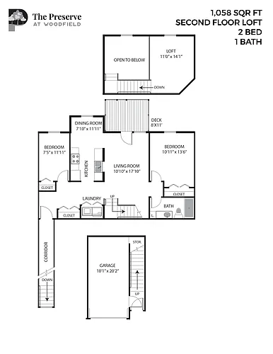 Floor plan 2 Bedroom 1 Bath (1058 Sq. Ft.)