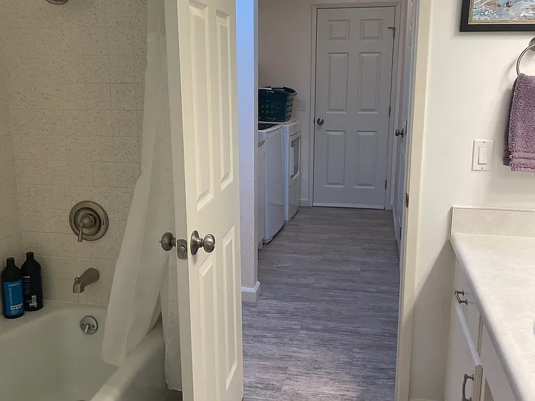 Full bath tub and shower (laundry room in background)