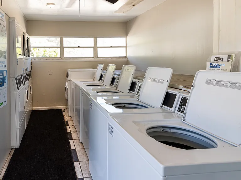 Bright and convenient community laundry room with modern washing machines, offering ample natural light and spacious layout for easy laundry days.