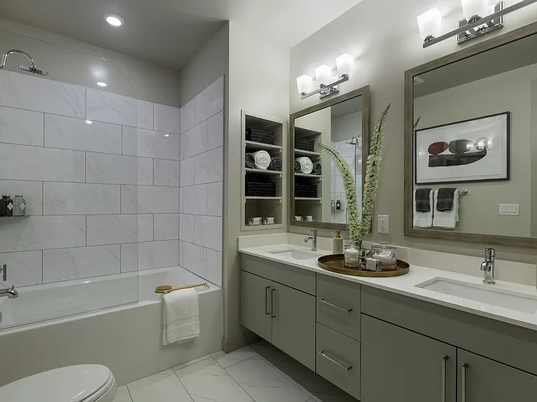 Double Vanity Bathroom Sinks with Soaking Tub & Frameless Swivel Glass Shower Door (Vista Floorplan)