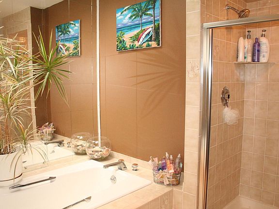 A soaking tub and shower compliment the master suite.