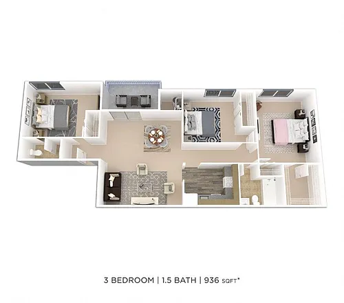 Floor plan Three Bedroom 1.5 Bath - 936 sqft
