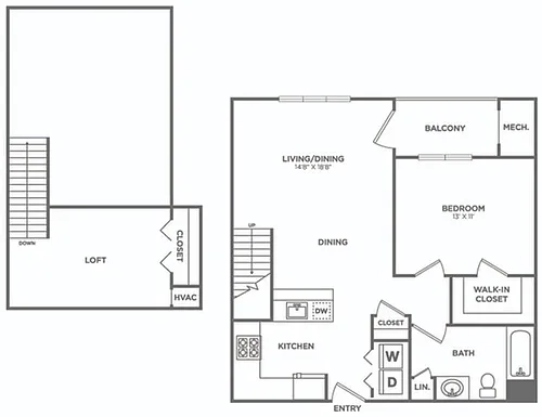 Floor plan One Bedroom One Bath w/Loft (898 SF)