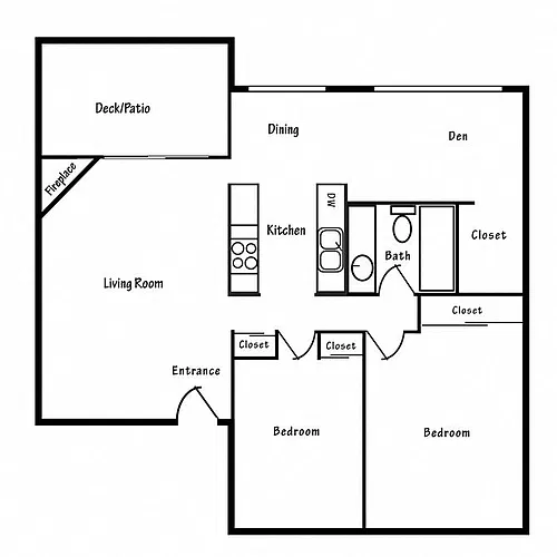 Floor plan 2x1 + DEN 996 SF
