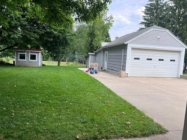 Back yard with detached garage