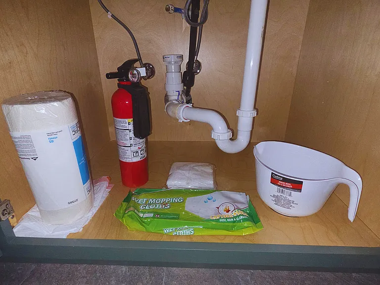 Fire extinguisher, paper towels & plastic bags for convenience