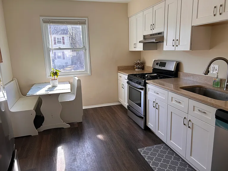 Granite counter tops with plenty of workspace. Stainless steel dishwasher, sink with garbage disposal, gas stove, and fringe.