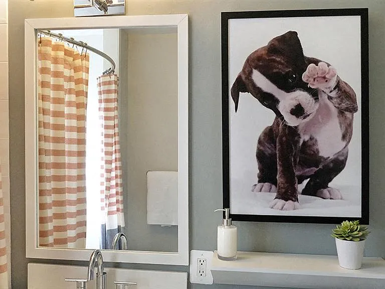 Upscale bathroom featuring framed vanity