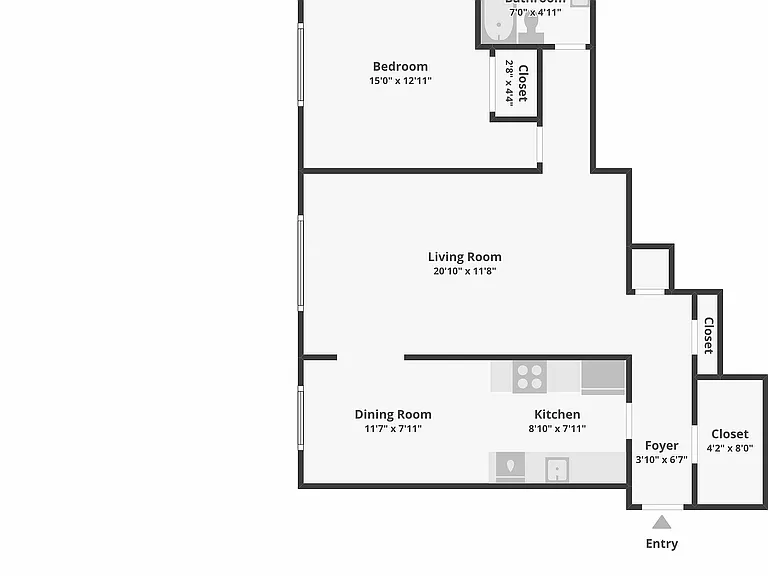 Elegant floor plan showcasing a spacious 1-bedroom apartment with an expansive living room, cozy dining area, modern kitchen, and ample closet space.