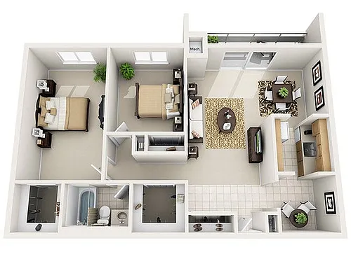 Floor plan 2 Bed 1 Bath (4 Layouts)