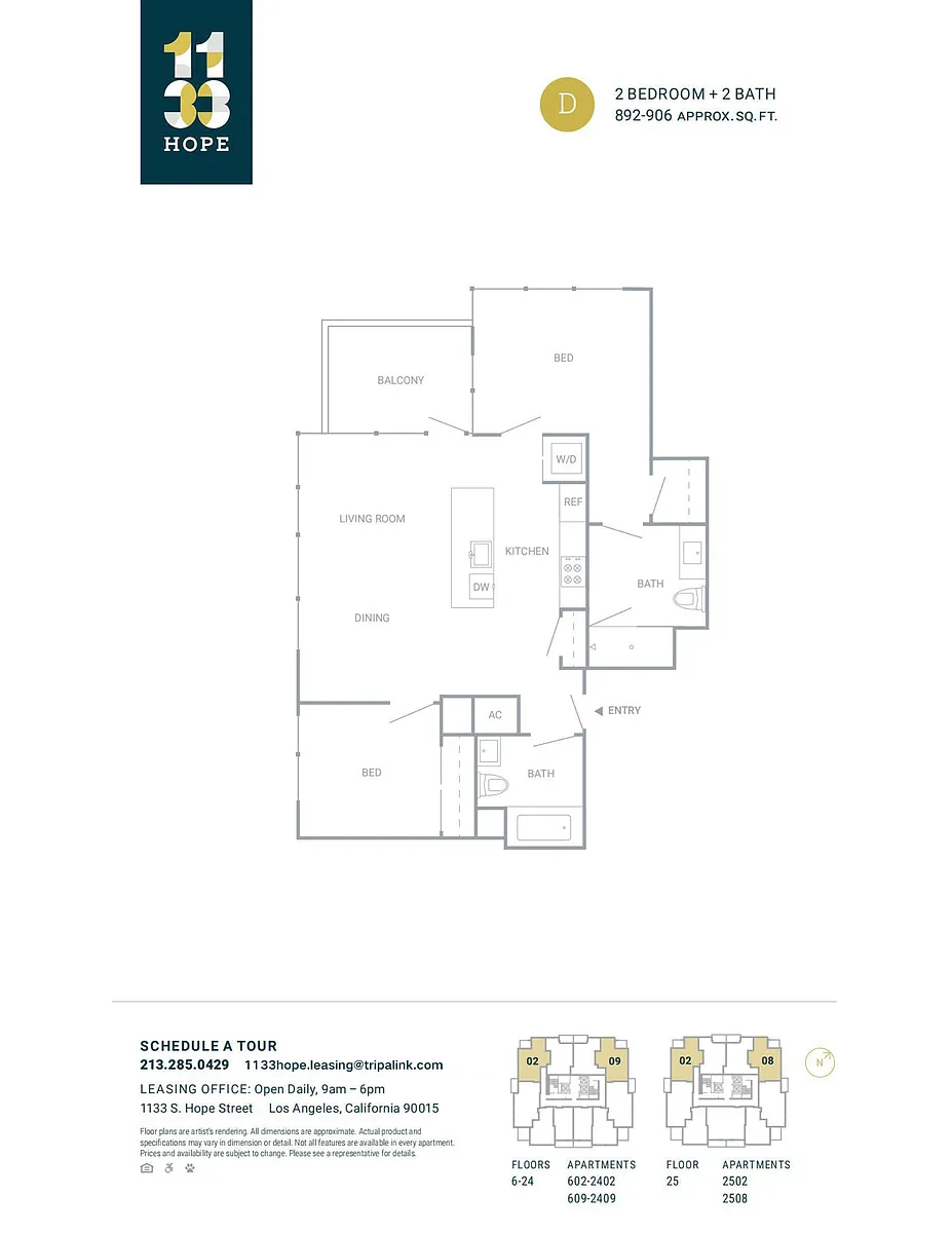 Floor plan 2 Bed 2 Bath - 906 sqft