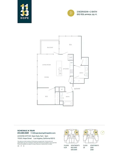 Floor plan 2 Bed 2 Bath - 906 sqft