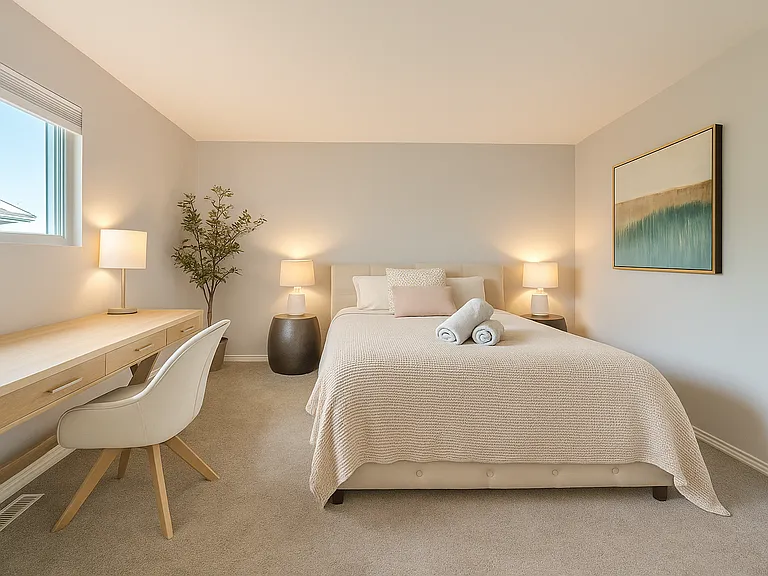 Step into a calming, sunlit sanctuary designed for pure relaxation. The plush queen bed invites you to unwind, while soft textures, warm lighting, and muted tones create a peaceful, cozy vibe