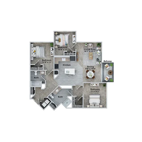 Floor plan Three Bedroom 2 Bath (1422sf)