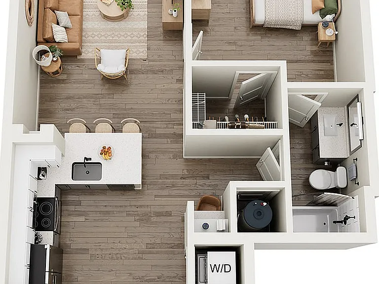 The Moselle, 1/1, 848 SF | Charming 3D floor plan featuring 1 bedroom, a cozy open-concept living space, modern kitchen, and elegant bathroom. The Moselle, 1/1, 848 SF | Charming 3D floor plan featuring 1 bedroom, a cozy open-concept living space, modern 