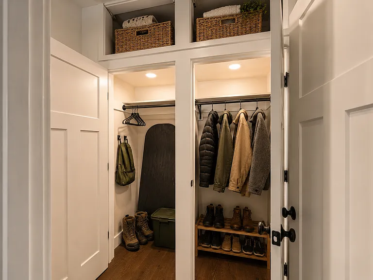Upon entry down stairs has a double door coat closet with storage above. Another closet is as you enter unit at the top of the stairs to the right.