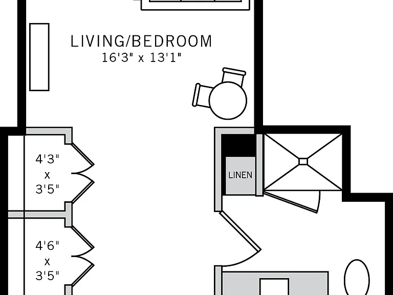 Studio apartment with combination living/bedroom area and 584 sq ft