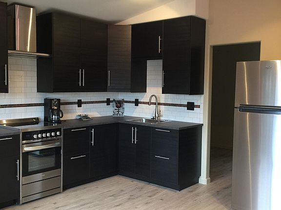 All Ikea kitchen with loads of space; electric range with ceramic top; hood over stove; garbage disposal, large full size fridge; easy to clean back splash. Vinyl floor looks like hardwood and is very easy to clean.