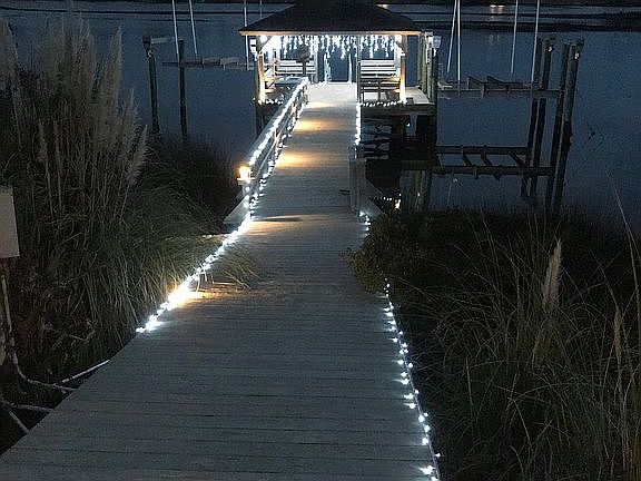 Holiday lights on pier