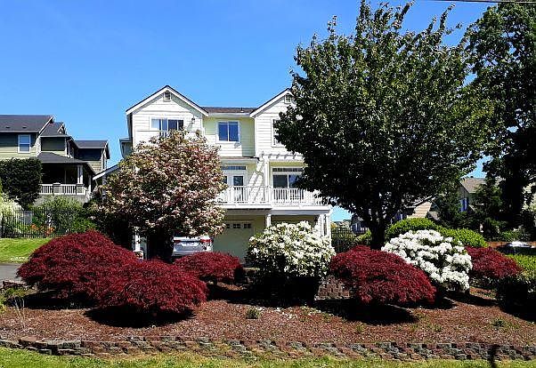 Front of house with Japanese maples, pink dogwood, rhododendrons, English laurel, lychee shrubs, and more