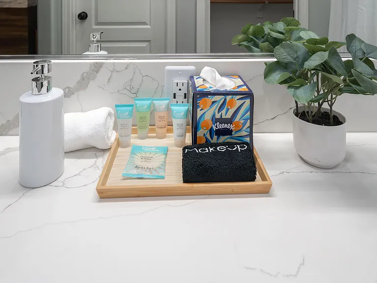 Essentials provided for master bathroom.