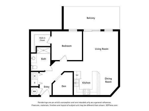 Floor plan AD3 One Bed One Bath + Den