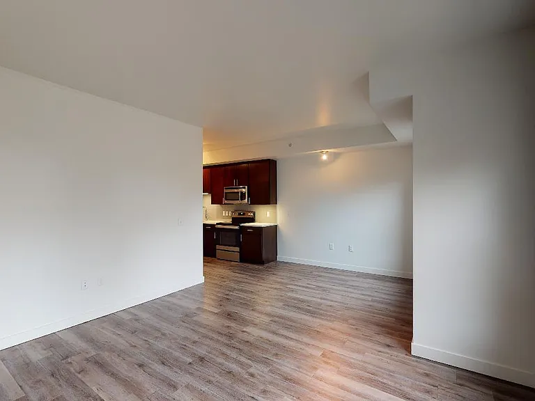 Apartment kitchen with stainless steel appliances, dining and living room with wood-style flooring.