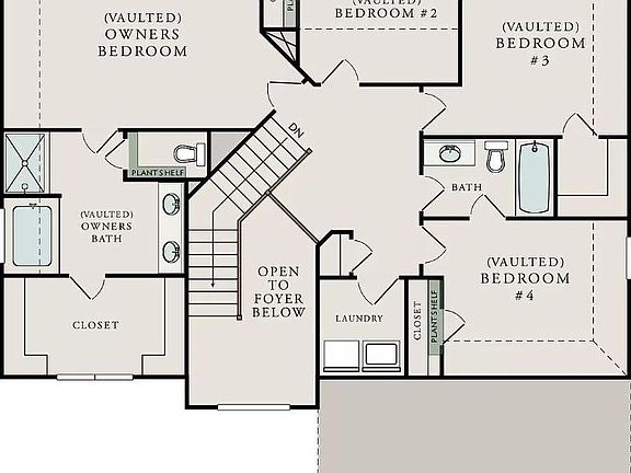 2nd Floor Plan with 4 BRs, 2 baths, and Laundry upstairs with bedrooms. All bedrooms have vaulted ceilings.
