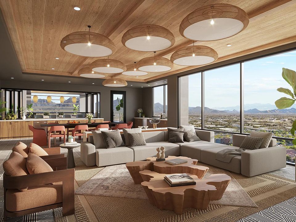 Sky lounge with versatile indoor and outdoor entertainment area, fire pits, lounge seating, and sweeping views.
