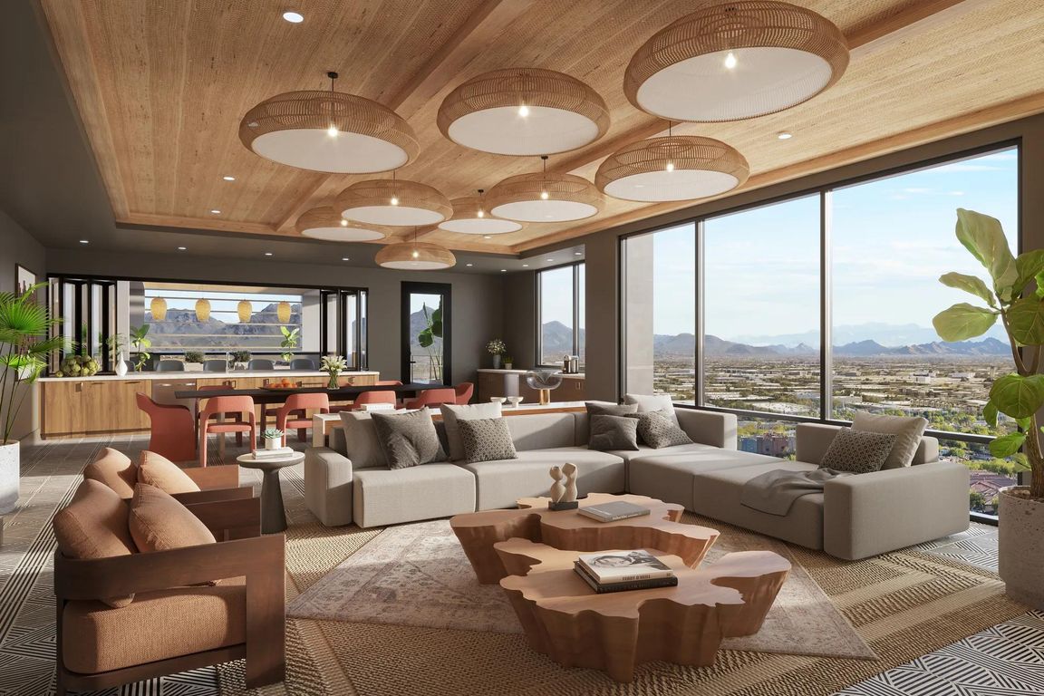 Sky lounge with versatile indoor and outdoor entertainment area, fire pits, lounge seating, and sweeping views.