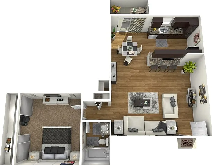 1 Bed 1 Bath Up Deluxe Floorplan Diagram