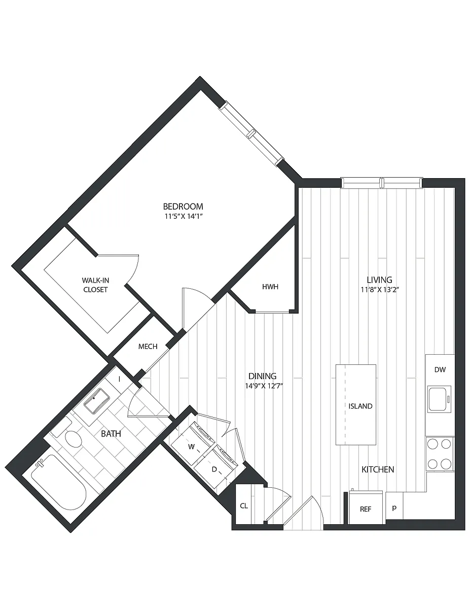 Floor plan 1 Bed/1 Bath-A2B