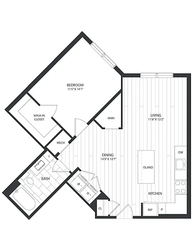 Floor plan 1 Bed/1 Bath-A2B