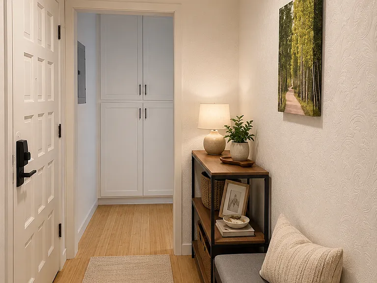Entry as you walk into the apartment with tables to place things on