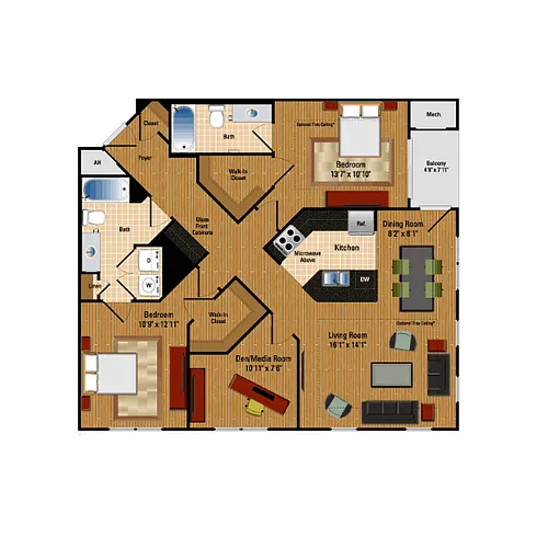 Floor plan 2 Bed + Den, 2 Bath 1196 SF BD1