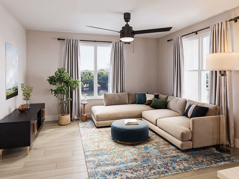Bedroom with hard-surface vinyl plank flooring and ceiling fan (Rendering)