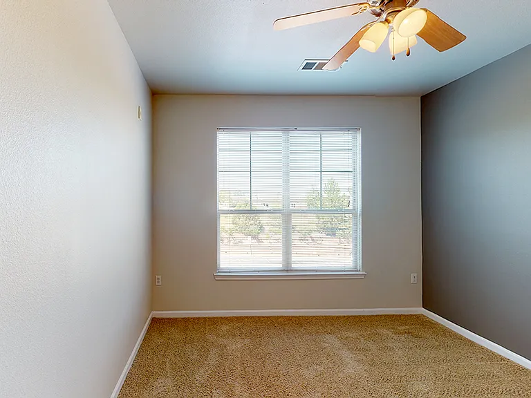 Spacious apartment bedroom with plush carpet flooring.