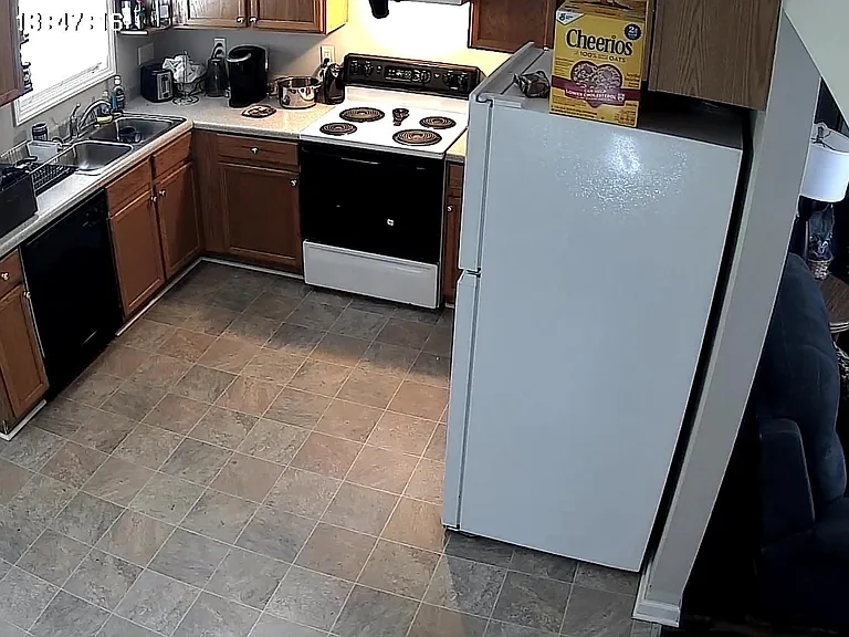 Efficient U-shaped kitchen with ample cabinetry, laminate counters, double-basin sink, and full appliance suite.