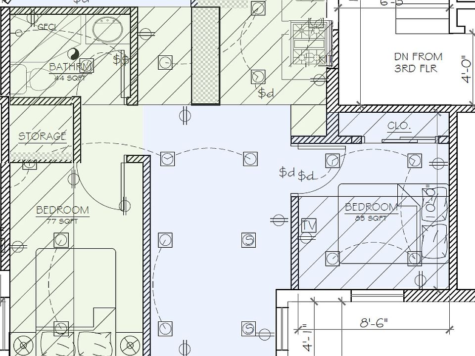 Plans for the unit. The green area is the upper 6'5" loft.