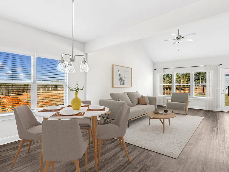 Living room with open view to dining room and backdoor to the patio.