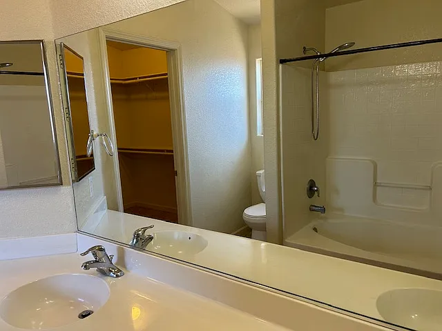 master bathroom with dual sinks, walking closet
