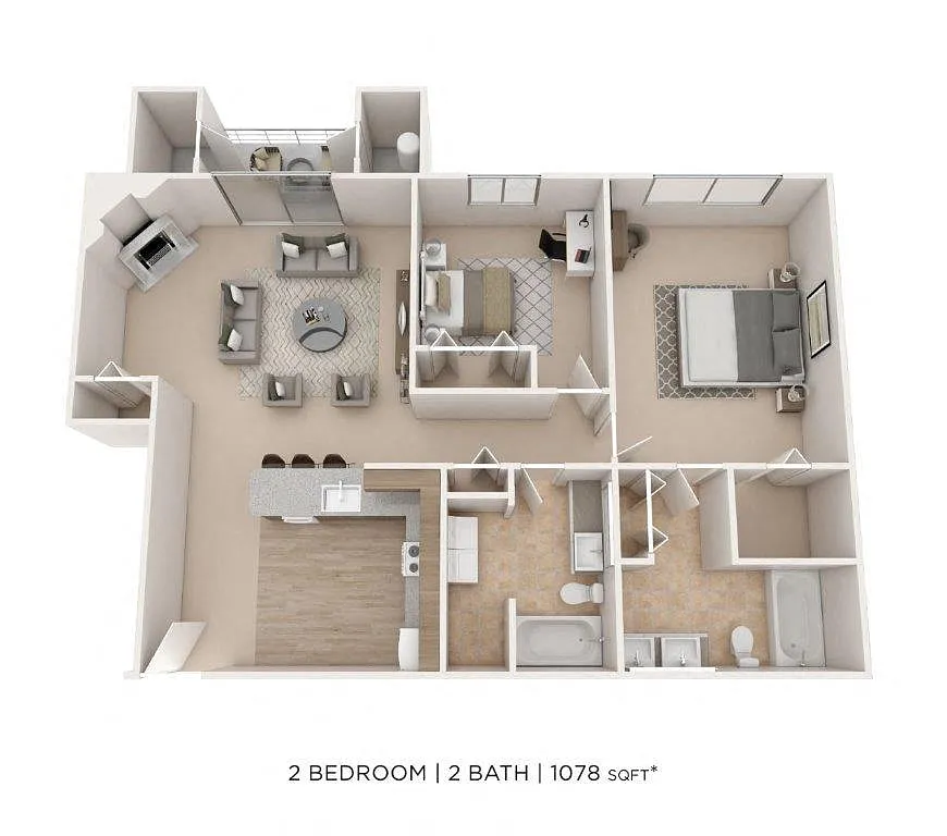 Floor plan Two Bedroom 2 Bath - 1,078 sqft